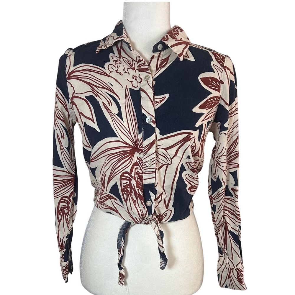 Rachel Zoe Womens Small Linen Blend Tropical Floral Tie Front Crop Shirt Navy